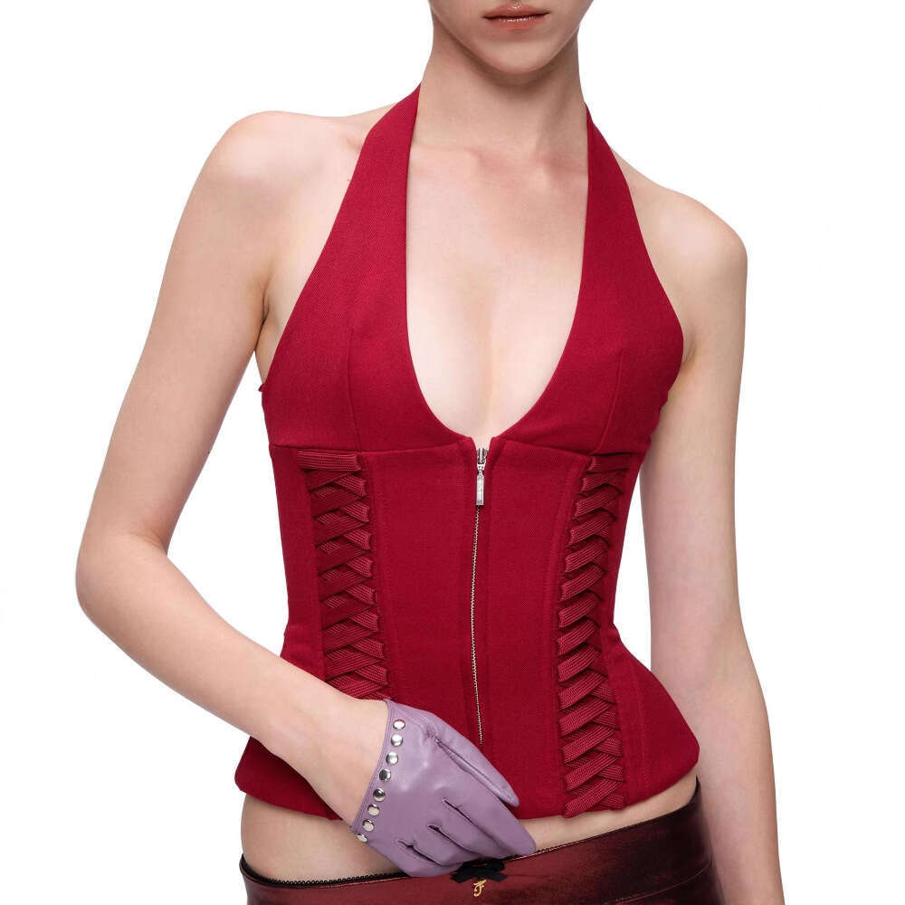 New Style Tie Waist Zipper Vest Sexy Halter Neck Deep V Tight Short Top