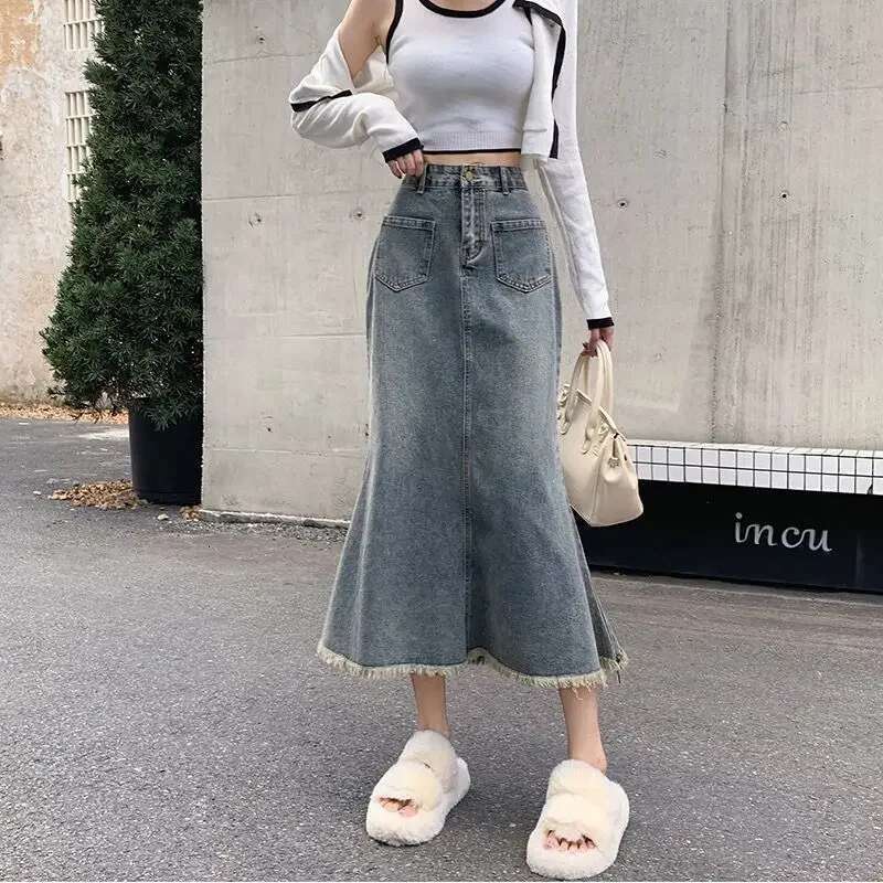 Korean Style Premium Fashion Blue High Waist Jeans Skirts for Women Stylish Modest Aesthetic Luxury Elegant Woman Denim Skirt