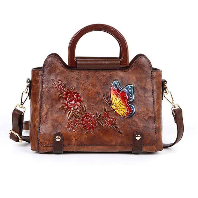 Vintage Women Genuine Tote Bag Anti-Theft Ladies Cow Leather Handbag Floral Female Cowhide Shoulder Or Crossbody Bags