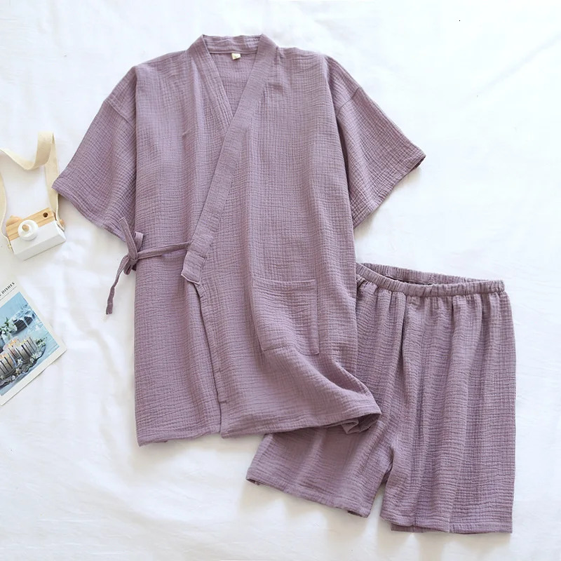 Summer Style Japanese Kimono Pajamas Suit Couple Thin Cotton Crepe Mens Short-Sleeved Shorts Two-piece Womens Home Service 250616