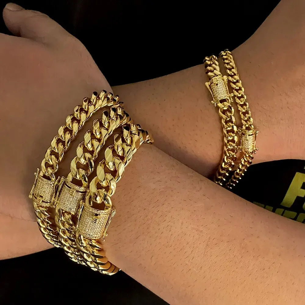 Stainless Steel Miami Cuban Link Bracelet 8mm-16mm Gold Plated with Iced CZ Clasp Premium Hip Hop Jewelry For Men Women Gift 250603