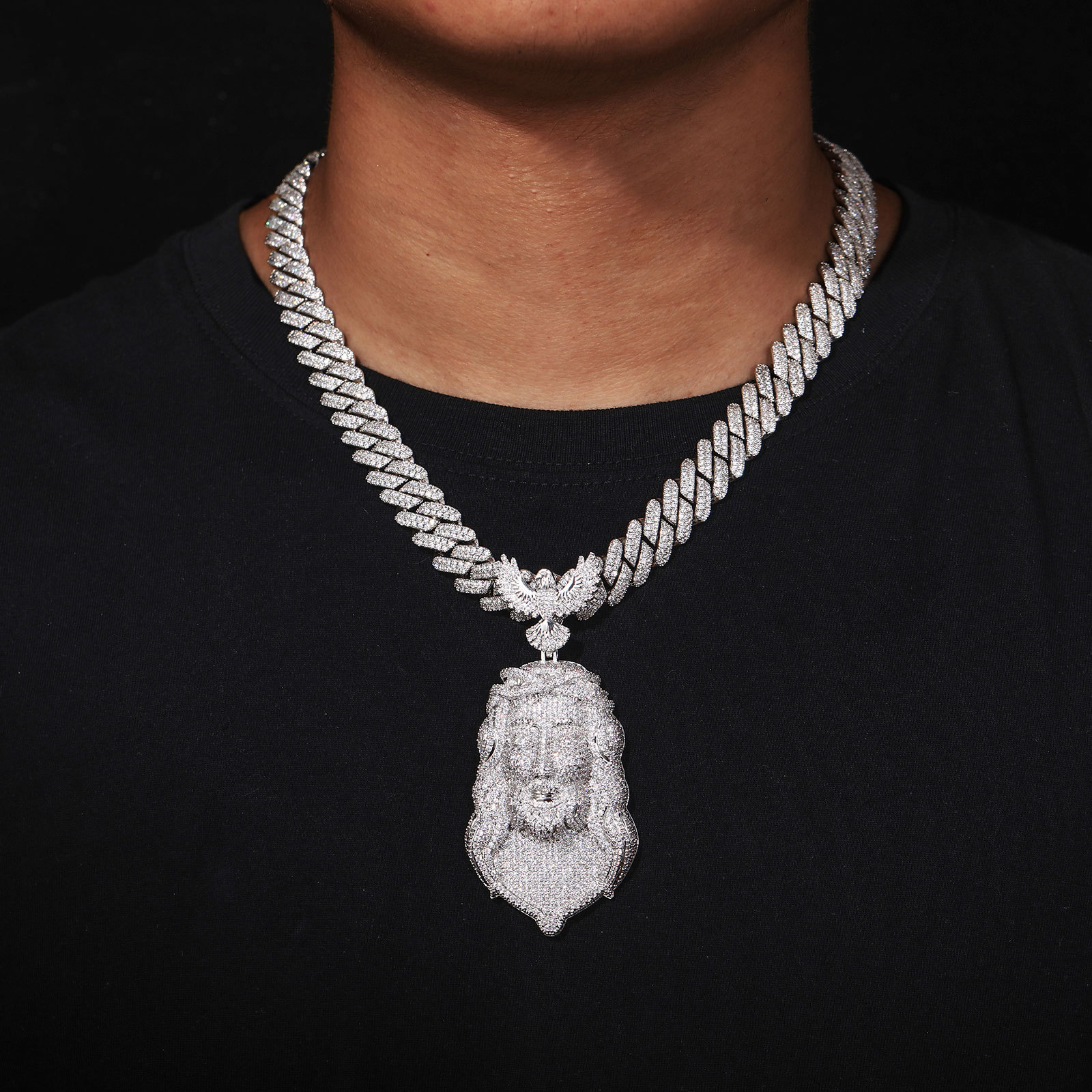 Hip Hop Eagle Clasp Jesus Face Pendant Necklace 5A Zircon Mens Religious Jewelry