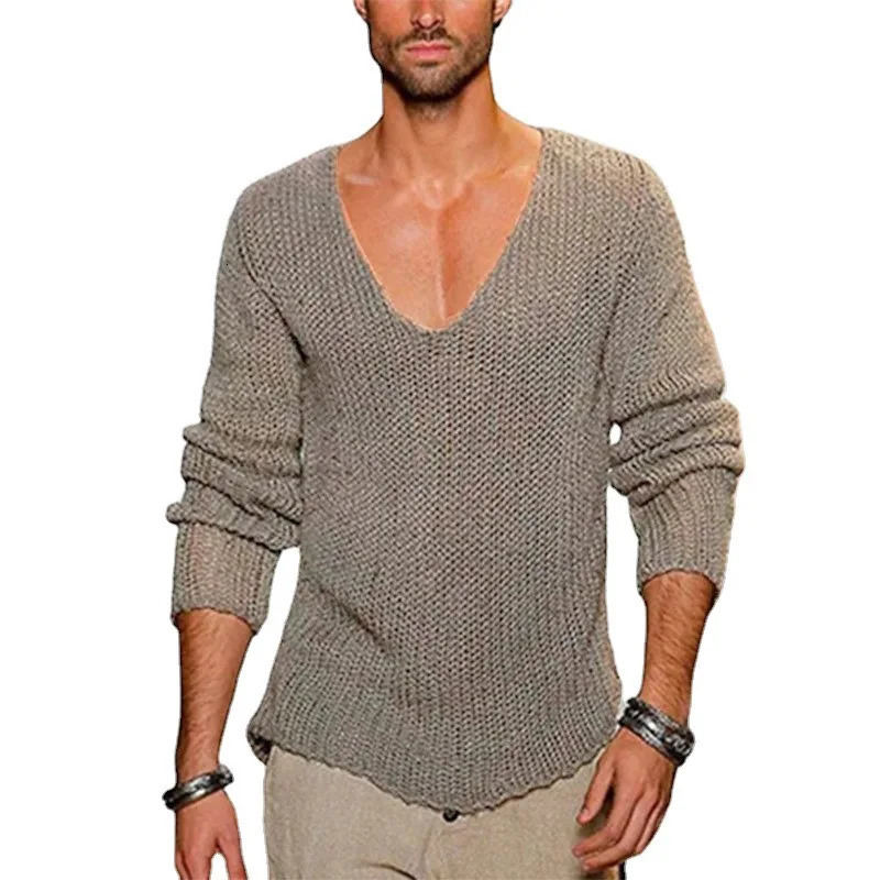 Mens Sweater Long Sleeved V-neck Loose Fashionable and Casual Solid Color Knitted Pullover Mens Clothing 250616