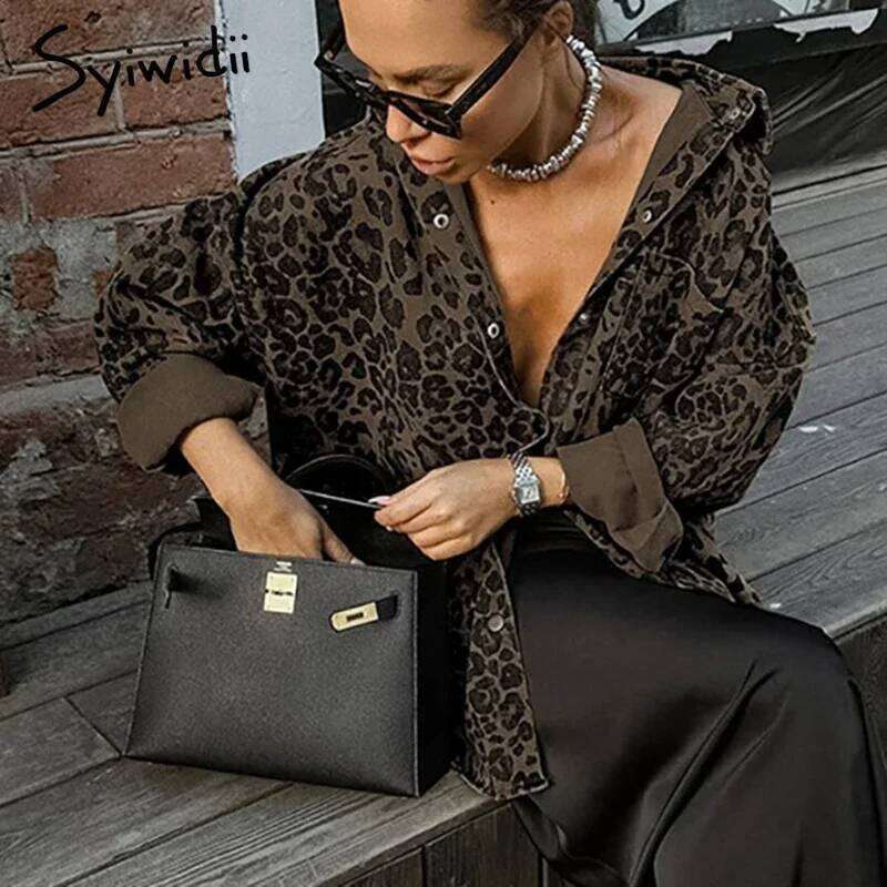 Syiwidii Chic Leopard Print Women Jacket Casual Turn Down Collar Single Breasted Outerwear Autumn Winter Y2k Fashion Streetwear