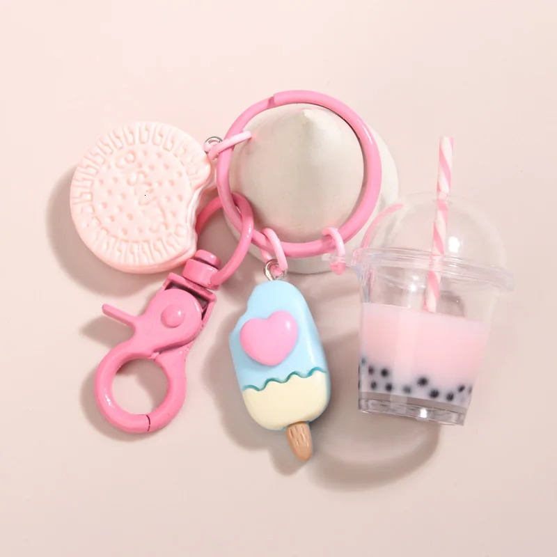 Cute Keychains Ice-cream Bubble Tea Biscuit Pink Key Rings Friendship For Friend Women Girl Handbag Gift Jewelry 250616