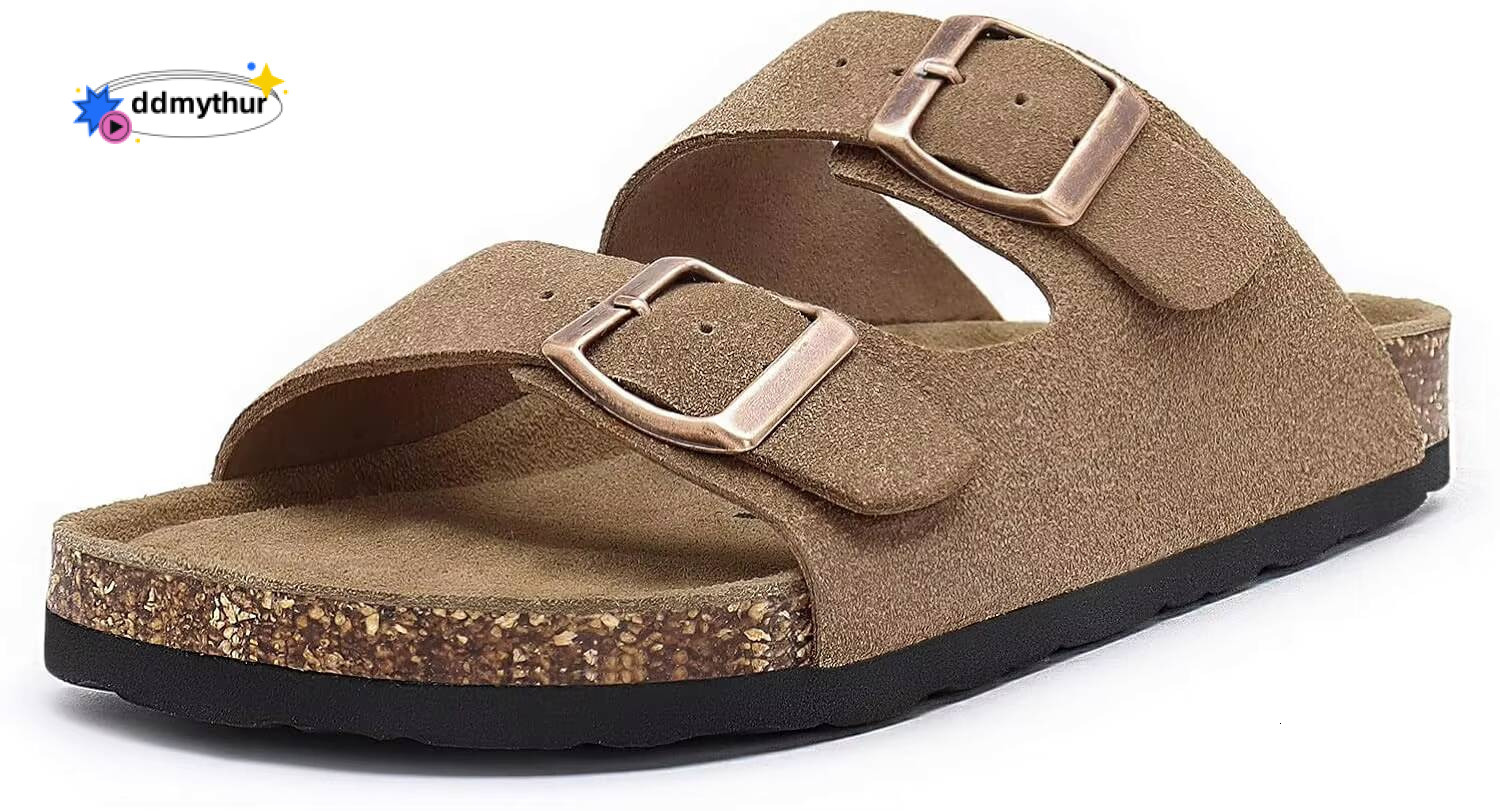 Women's Flat Cork Footbed Slide Sandals Arch Support Slip on Slides with Adjustable Buckle ddmythur