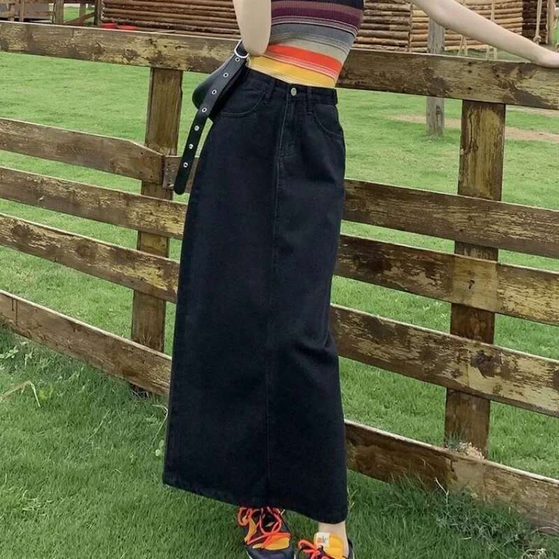 Korean Fashion With Slit Midi Woman Denim Skirt Chic and Elegant Harajuku A Line Luxury Cheap Premium Jeans Skirts for Women