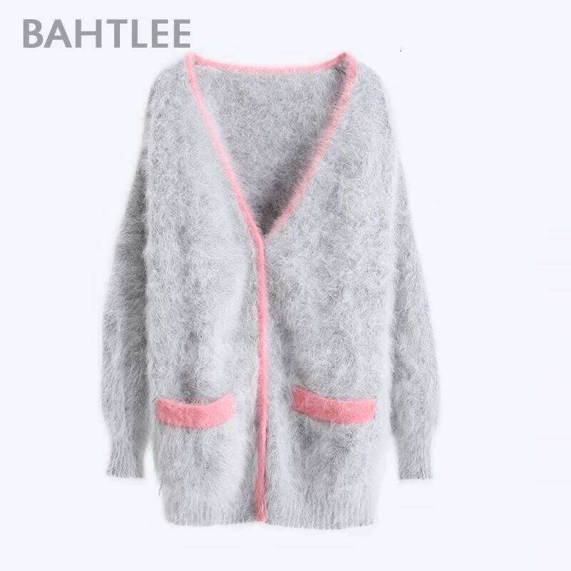 BAHTLEE-Knitted Cardigans for Women, Sweater with Pocket, Wool Angora Coat, Long Sleeves, V-Neck, Patchwork, Winter