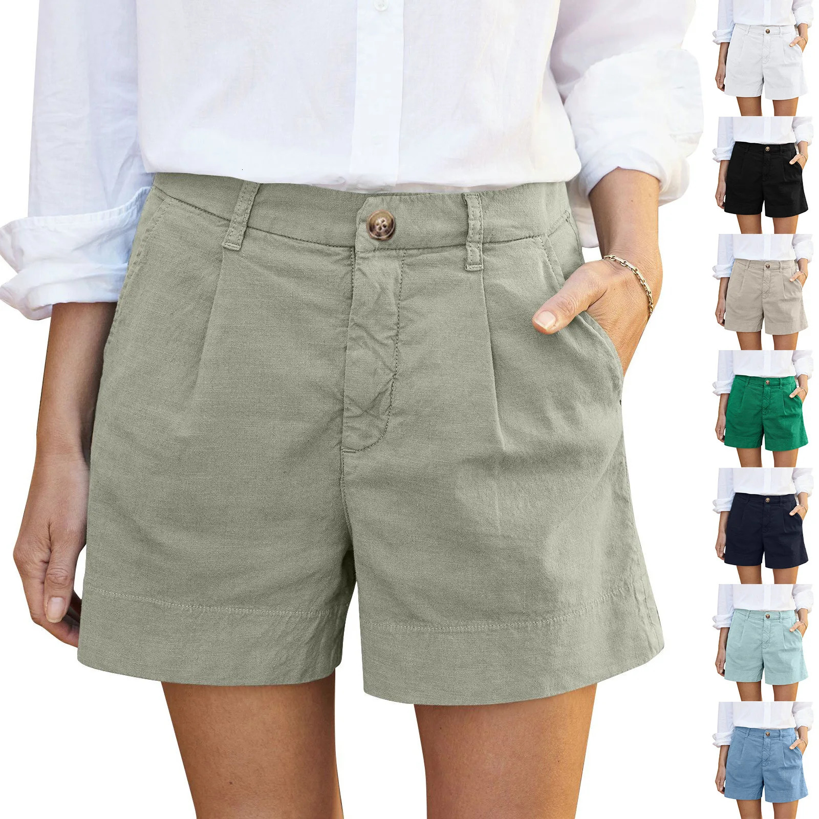 Cotton Linen Solid Shorts For Women Button High Waist Summer Loose Casual Pockets Shorts Female Pants Women Clothing 250614