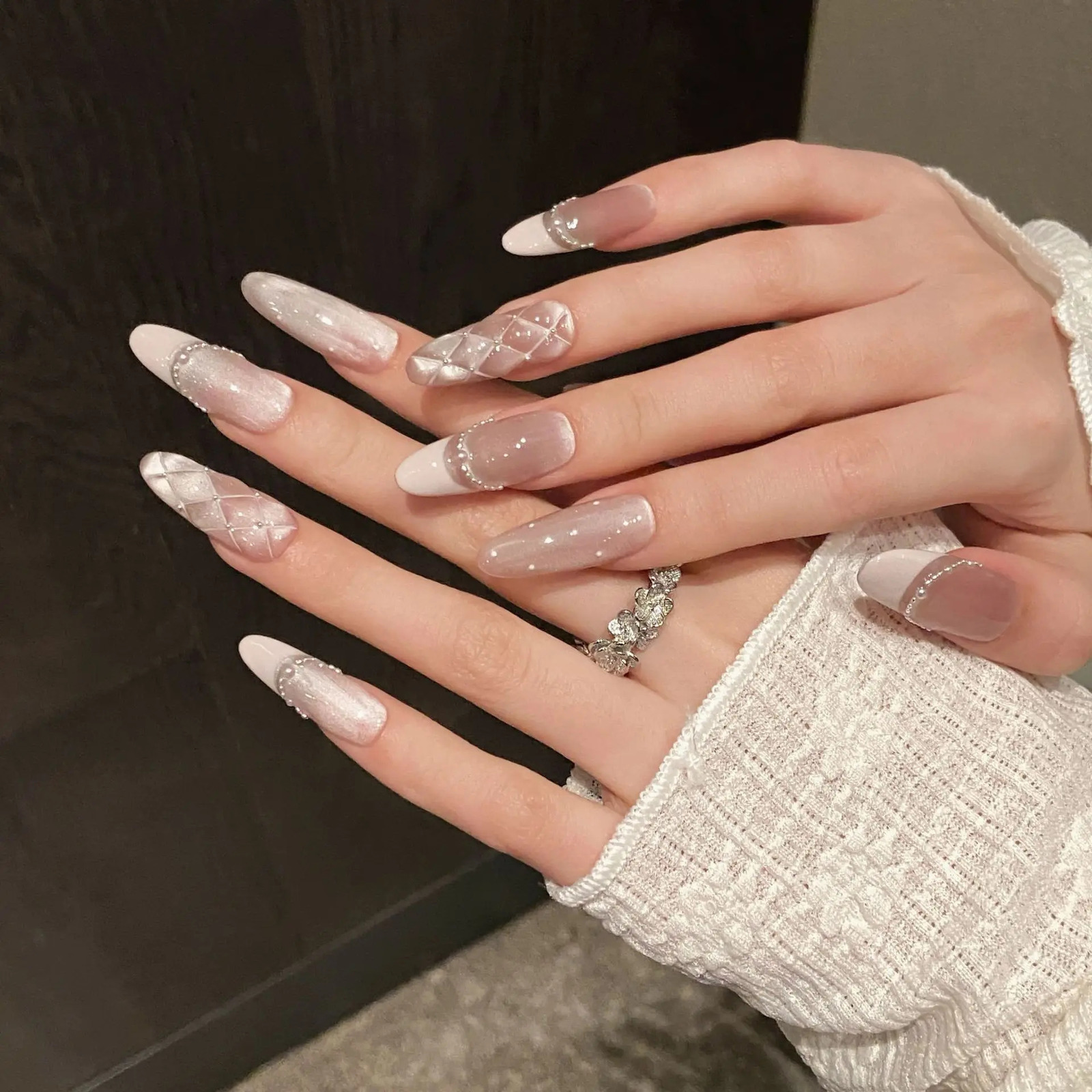 10pcs Handmade Press on Nails Diamond French Pearl Powder Cats Eye Bow False Nail for Women Girl Removable Wearable Nail Art 250612