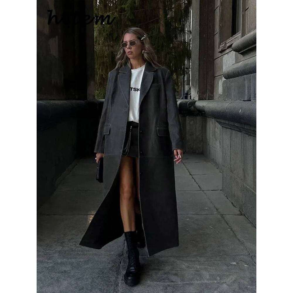 Fashion Women's Leather Trench Coat Loose Lapel Single Breasted Full Sleeve Overcoat 2024 Autumn Winter Lady High Street Coats