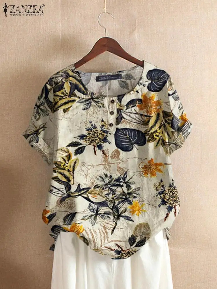 ZANZEA Women Cotton Shirt Fashion Floral Printed Tops Ladies Kaftan Chemise Summer Short Sleeve Blouses Causal O-neck Tunic 250614
