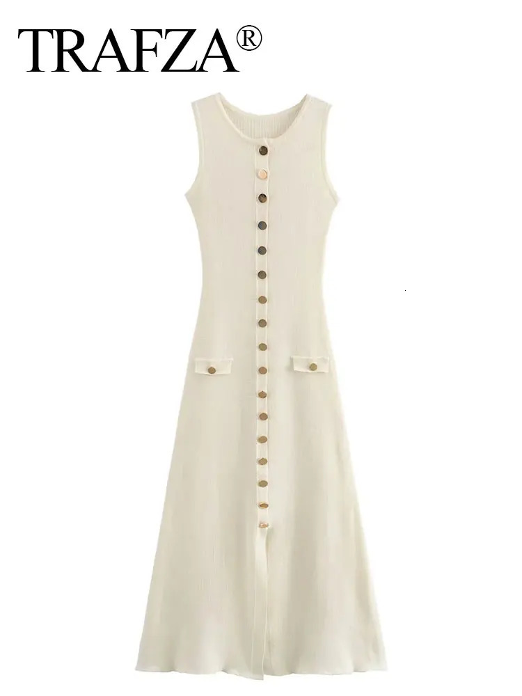 TRAFZA Women Elegant Solid Knitted Dress Single Breasted O Neck Sleeveless Dresses With Pockets Slim Midi Dress Office Lady 250614