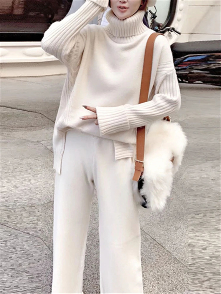 Autumn Winter 2 Pieces Women Sets Knitted Tracksuit Turtleneck Sweater and Wide Leg Jogging Pant Pullover Suits 250616