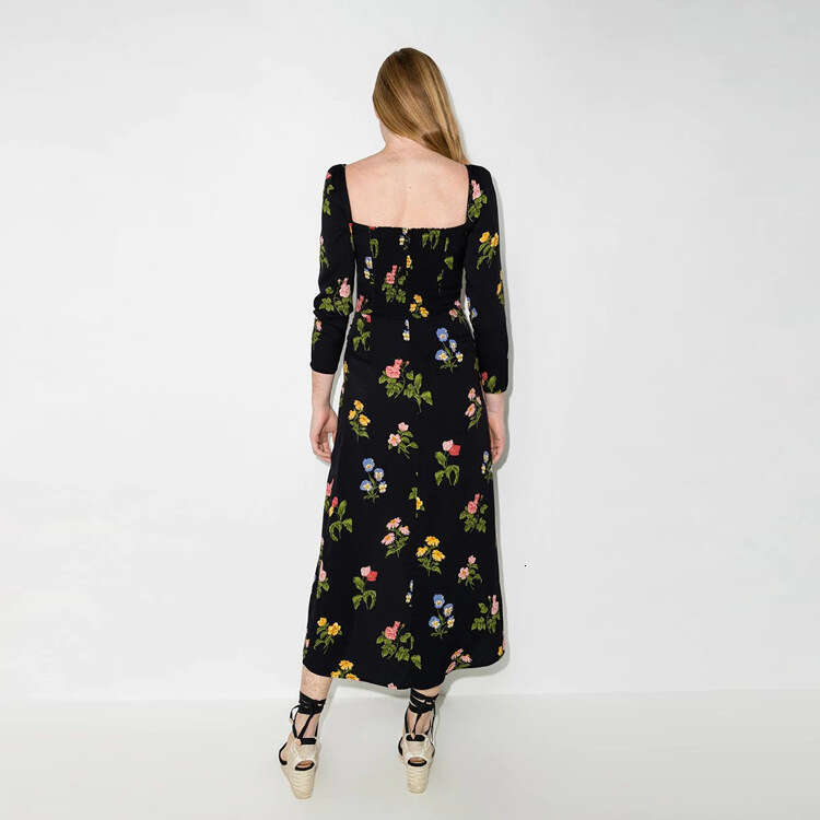 Festival Undefined Women Dresses Dress N484 Summer 2025 Printed Mid-length Split Square Neck Slim Fit Long Sleeve Dress Womens Fashion