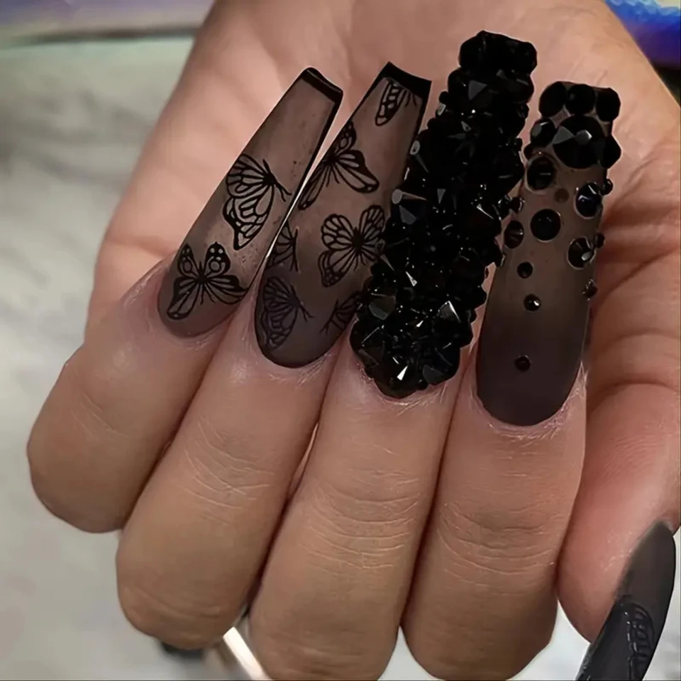 Beautiful and elegant matte black coffin fake nails adorned with stunning 3D rhinestone butterfly - long press on artific 250612