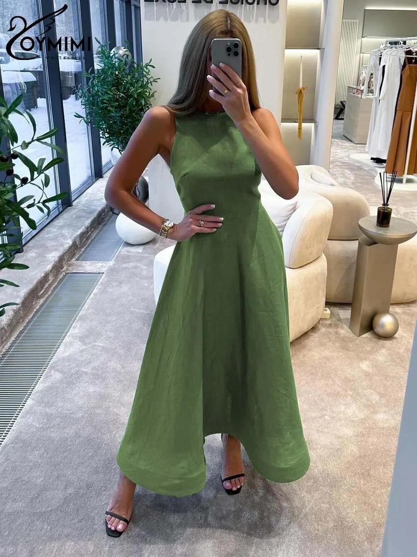 Oymimi Elegant Green Cotton Womens Dress Fashion O-Neck Sleeveless Dresses Casual High Waist A-Line Mid-Calf Dresses Female 250614