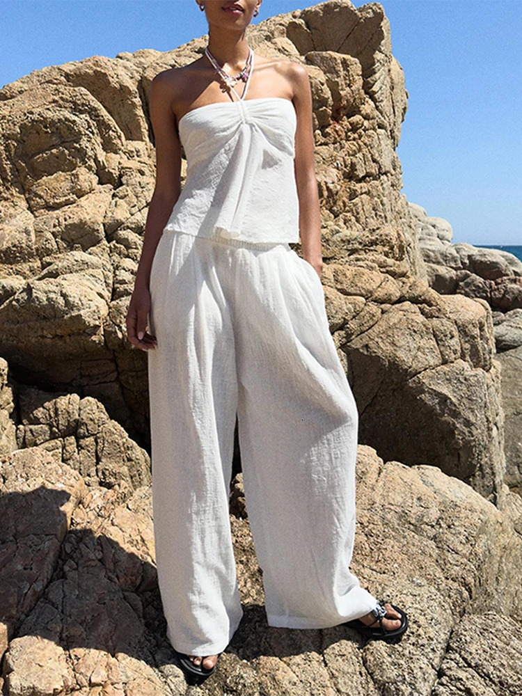 Casual Tank Pants Womens Set Halter Sleeveless Tanks Loose Straight Trousers Solid Female Sets 2025 Summer Holiday Lady Suit 250616