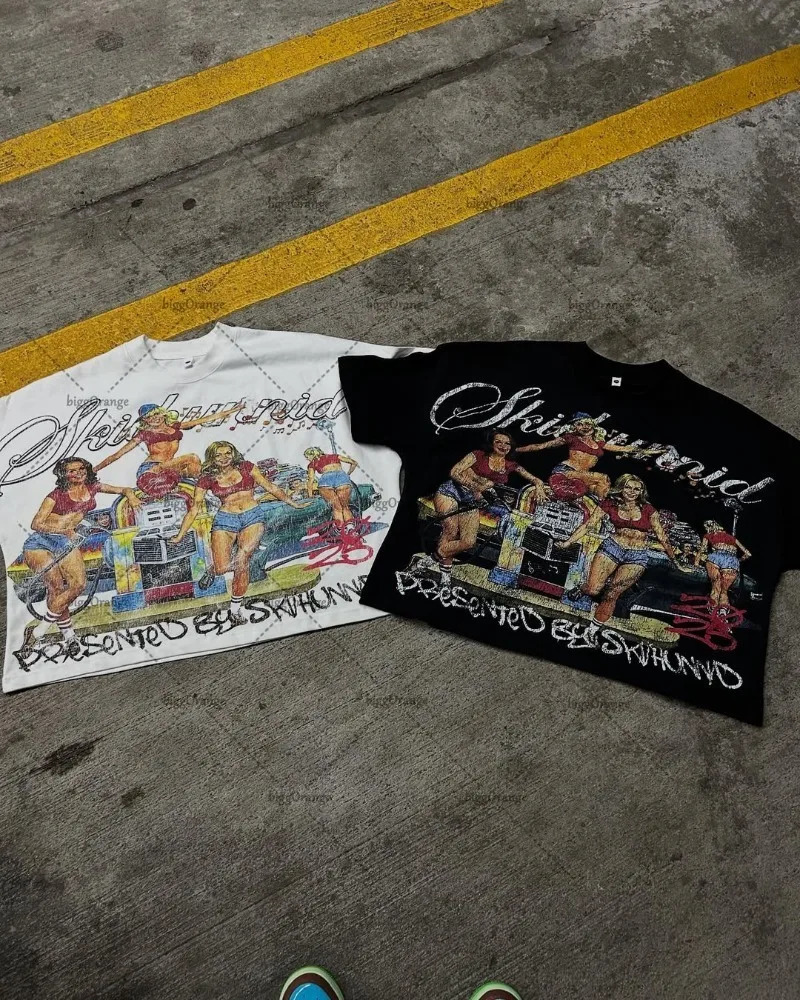 American Hip-hop Oversized T-shirt Y2K Streetwear Men Casual High Street Harajuku Trendy Pure Cotton Round Neck top Women 250616