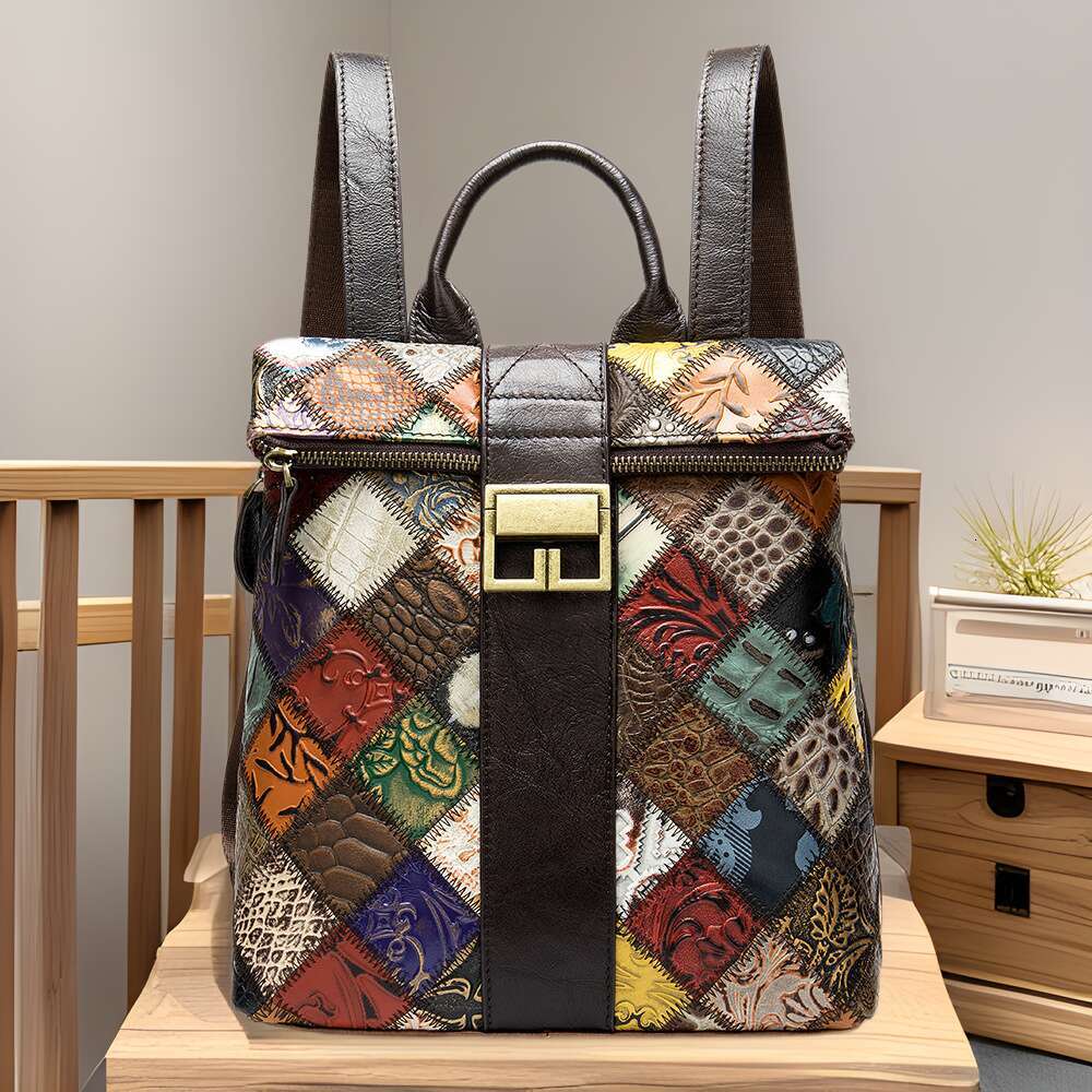 Women's Double Shoulder Bag Top Layer Cowhide Color-Block Personality Backpack Fashion and leisure