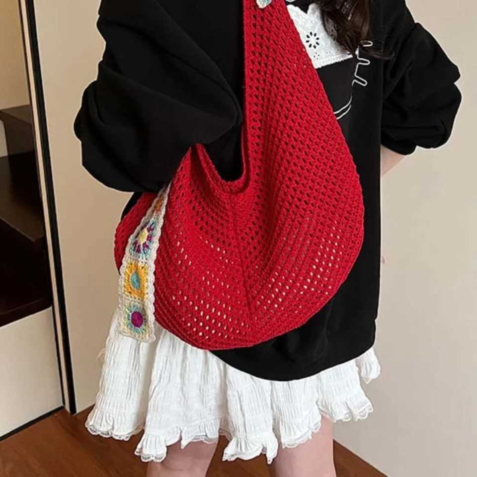 Large Capacity Crochet Tote Bag Ethnic Style Flower Hollow Woven Bag Embroidered Strap Lightweight Knitting Handbag Female Z250617