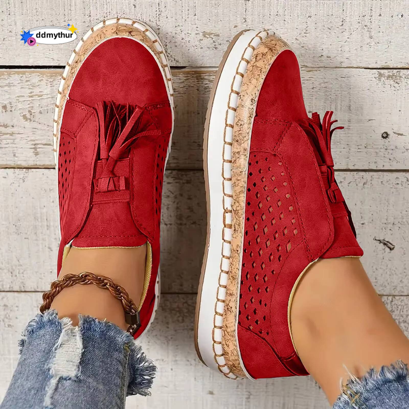 Sports Women'S Fashion Fringe Hollow Out Round Toe Flat Slip On Shoes Sneakers For Women Clearance ddmythur