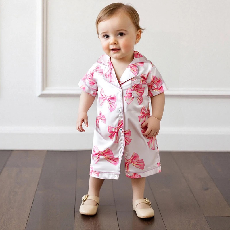 Baby Girl Bow Satin Pajama Short Sleeve Button-up Shorts Jumpsuit Cute Toddler Sleepwear 250617