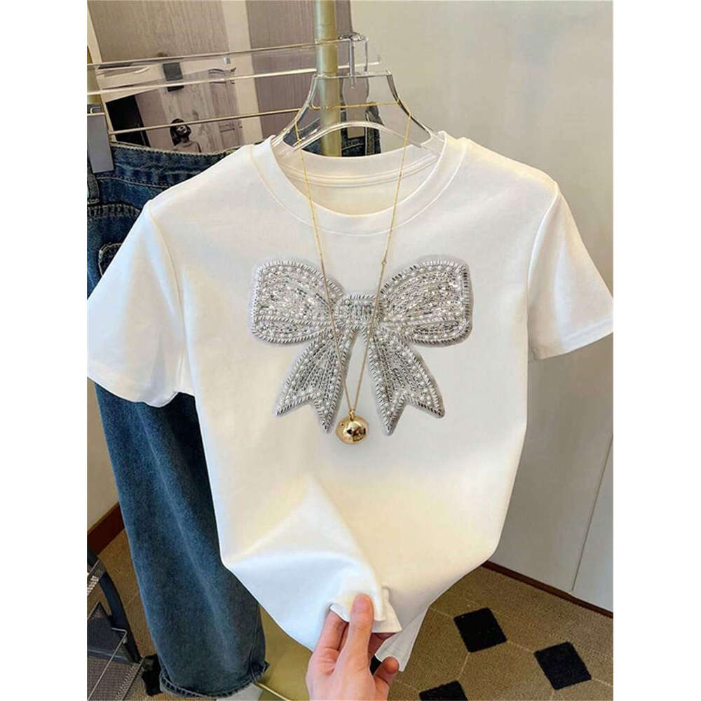 Summer New Women's Fashion Casual Commuter Loose Round Neck Bowknot Print T-Shirt Short B5