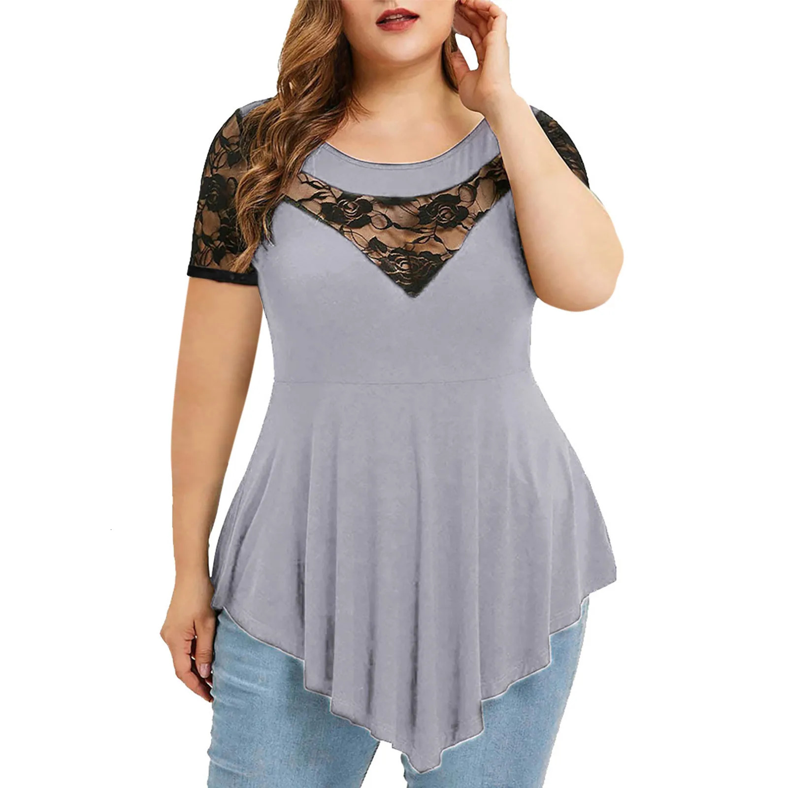 Plus Size Womens Large Flower Lace Short Sleeve Hollowed Out Sexy Irregular Hem Round Neck Women Top T-shirt Pullover 250614