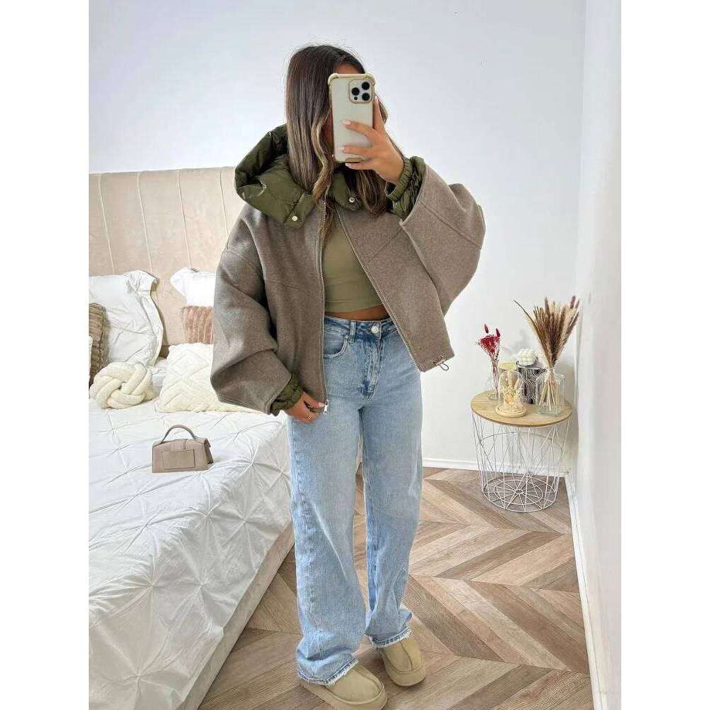 Oversize Hat Woolen Contrast Color Coat Women Zipper Casual Thicken Warm Long Sleeve Jacket 2024 Winter Pocket Street Outwear
