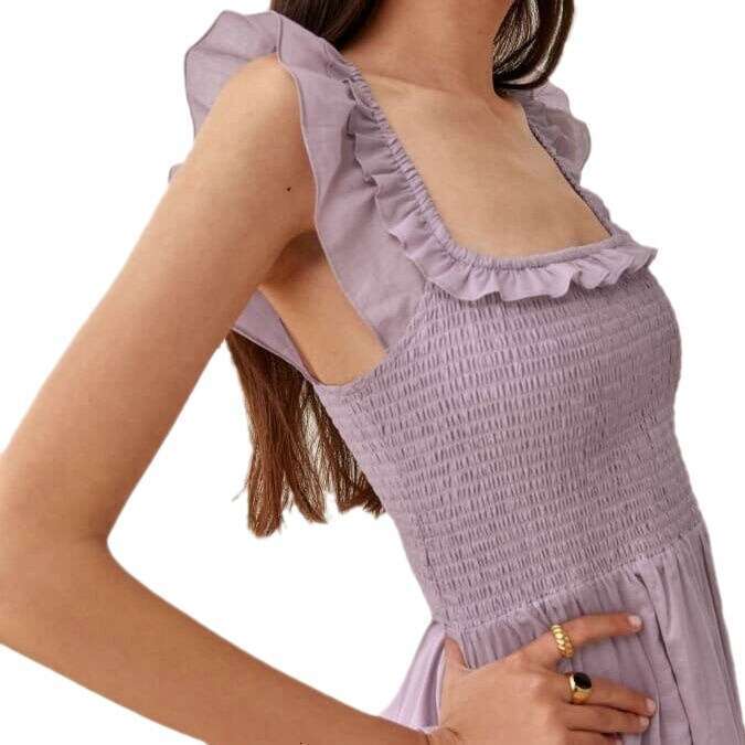 Fulllace Women Dress Vestidos Elegantes N669 Summer 2025 Taro Purple Square Neck Stretch Slim Fit Pure Cotton Small Flutter Sleeve Mid-length Dress