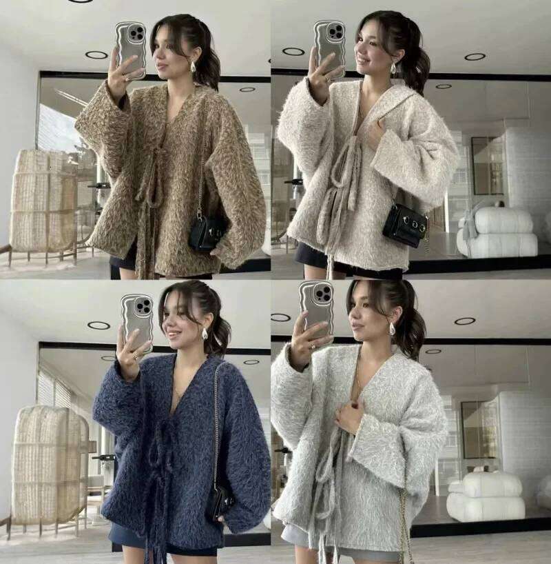 Lady Thick Tweed Jackets 2024 Fall Fashion Lace Up Urban Coats In Outerwears Autumn Coat Elegant And Pretty Women Cardigan