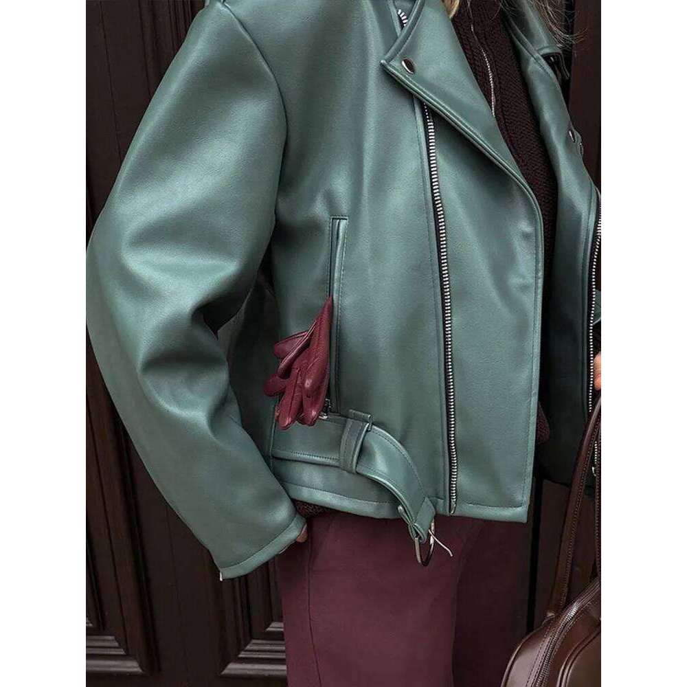 Vintage Leather Jacket Women Lapel Full Sleeves Zipper With Belt PU Jackets Female 2024 Autumn Retro Chic Casual Loose Lady Coat