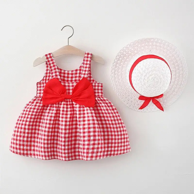 2Pcs/Set Baby Girl Plaid Sweet Bow Summer Birthday Party Dress Toddler Kids Outfits 0 To 3 Years Children Clothes Suit Hat 250617