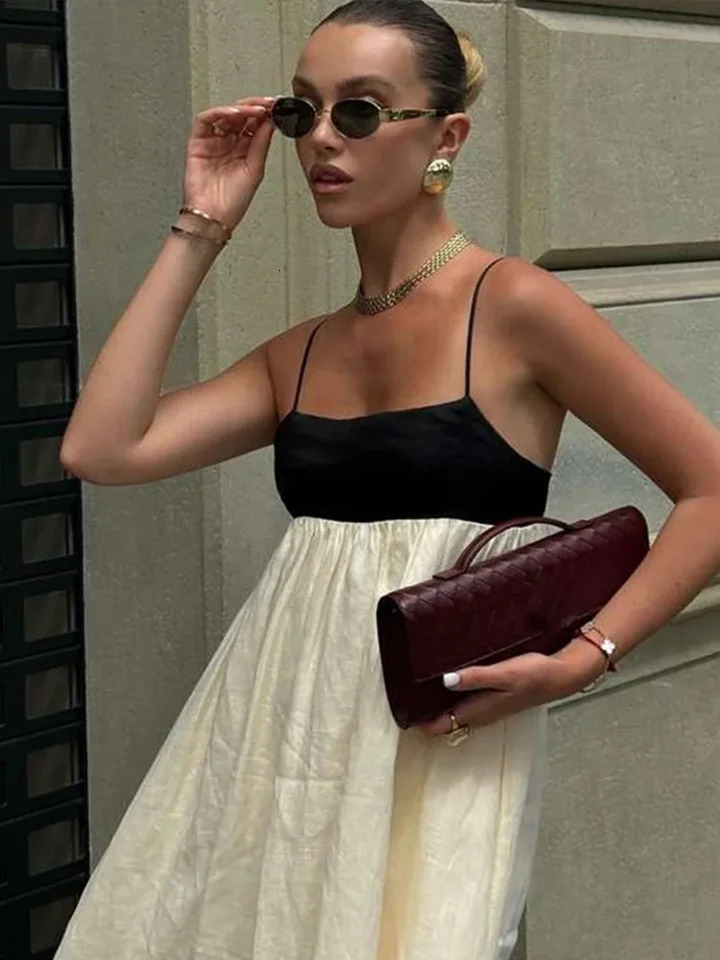 Black White Patchwork Slip Dresses Pleated Loose Color Contrast French Sexy Women Linen Suspender Long Dress Fashion Maxi Robes 250616
