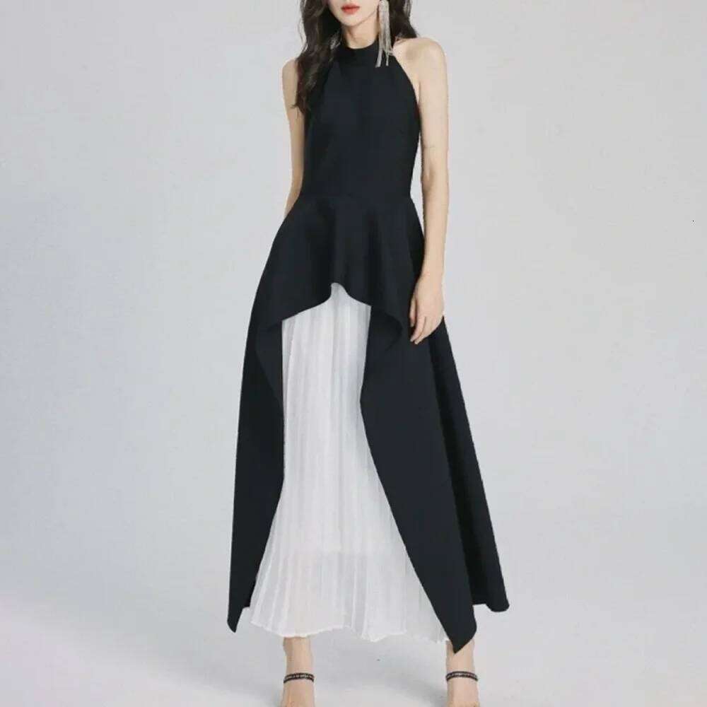 Designer Clothing 2025 Hit Color Two Piece Set For Women O Collar Irregular Tops High Waist Pleated Midi Skirts Sets Female Clothes