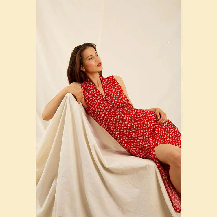 Luxury Dress N498 Summer 2025 Printed Over-the-knee Mid-length Sleeveless Blazer Collar Dress French Style Womens Fashion