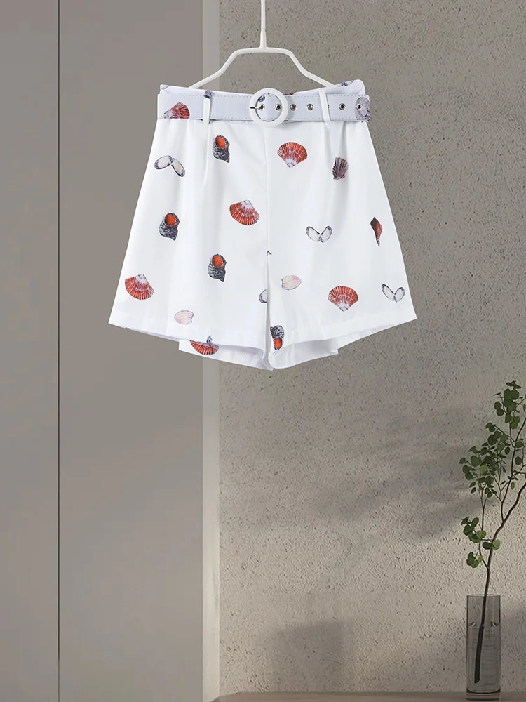 Shell Print Shorts Set Women Loose Lapel Lantern Sleeve Single Breasted Shirt Short Pant 2025 Summer Beach 2 Pieces Lady Outfit 250614