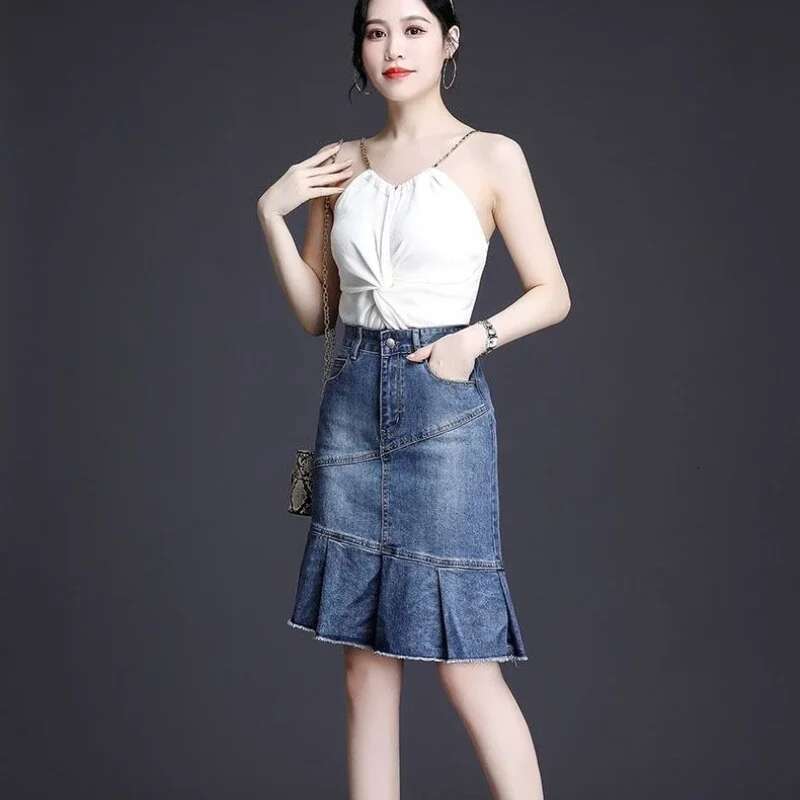 Blue Woman Denim Skirt Ruffle High Waist Luxury Elegant Vintage Streetwear Stylish Korean Fashion Modest Jeans Skirts for Women