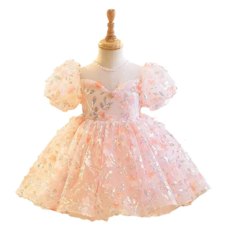 Pink Baby Kids Princess Tulle Bow Sequin Flower Girl Dress Children First Communion Dress Ball Gown Wedding Party Dress Birthday 250617