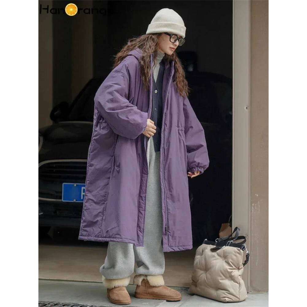 HanOrange 2024 Winter Casual Lazy Hooded Cotton-Padded Women Parkas Loose Fit Warm Zipper Long Coat Purple/Black