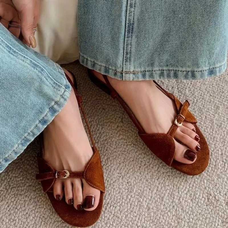 Womens Fashion Sandals New Summer Round Head Soft Frosted Open Toe Hollow Belt Flats Z250617