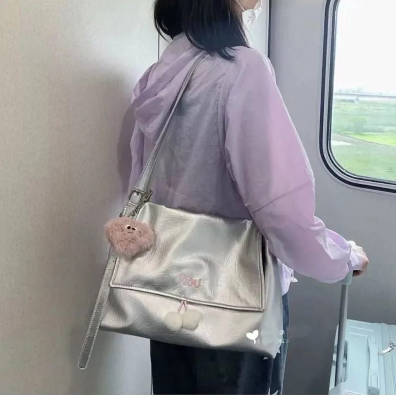JIAERDI Large Capacity Silver Tote Bag Women High Street Pu Leather Casual Handbag Messenger Bag Ladies Retro Crossbody Bags Y2k 250614