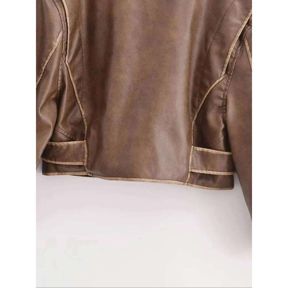 2025 New Women's Retro Vintage Brown Faux Leather Jackets Belt Female Motor Biker Pockets Plus Size Loose Streetwear Coats Tops