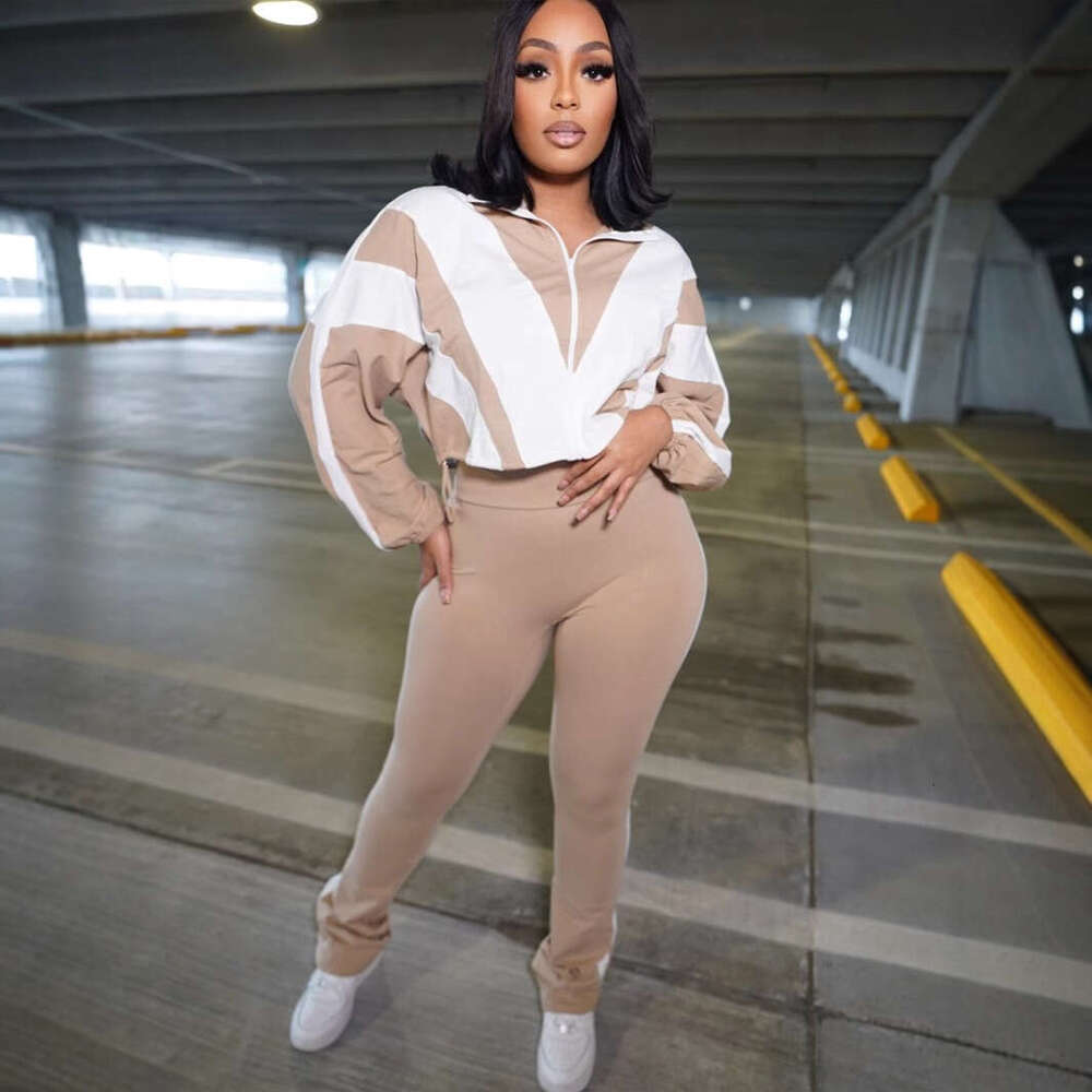 Loose Casual Street Fashion Color-Block Zipper Jacket And Pants Sports Set For Women B5