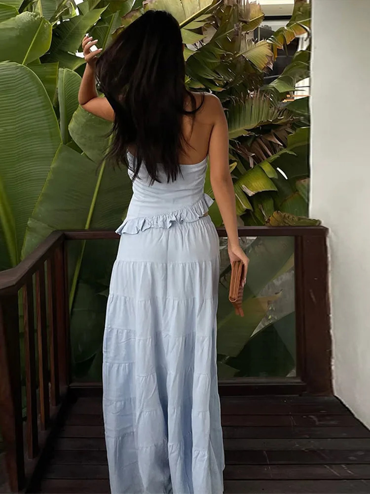 Elegant Ruffle Hollow Out Top Skirt Womans Set Vintage Sleeveless Halter Slim Tops High Waist Skirts Sets Female Beach Outfits 250616