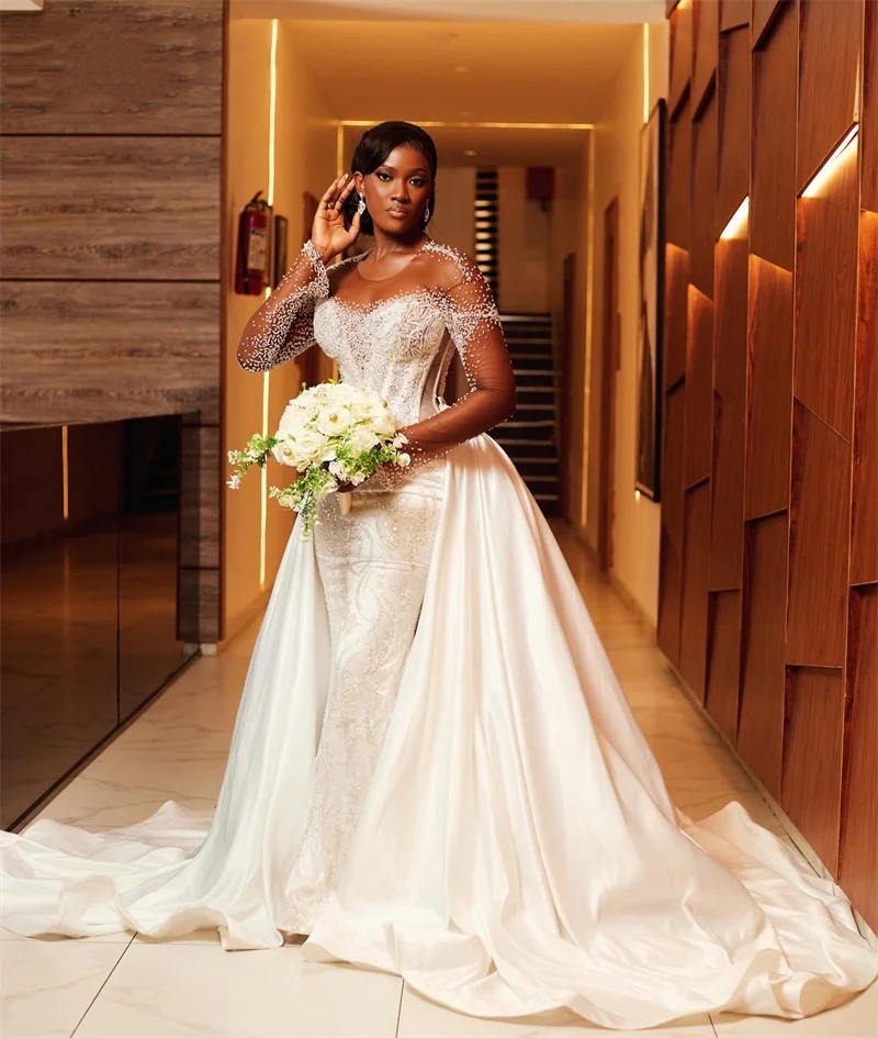 Fashion Wedding Dresses O Neck Beading Bridal Gowns with Detachable Train Mermaid Rhinestone Long Sleeves Customized Bride Vestidos De Novia Plus Size