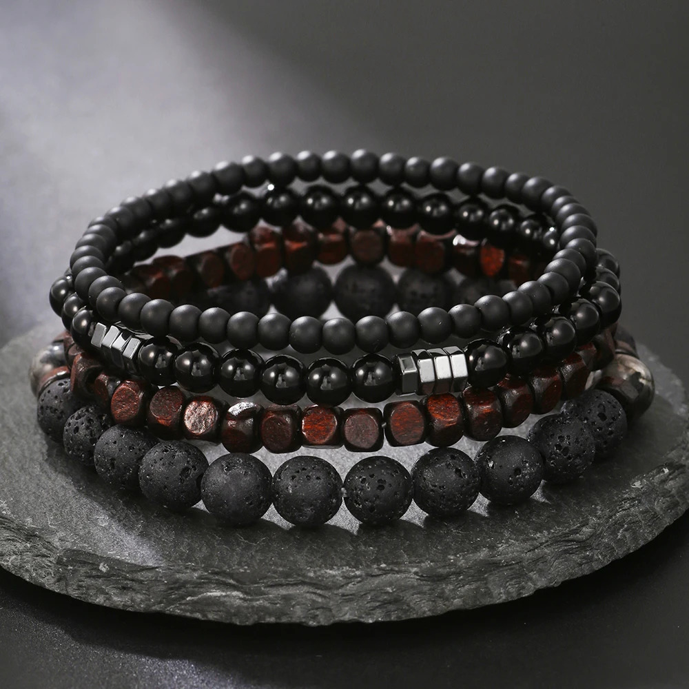 4PcsSet Black Gall Stone Volcanic Stone Wood Beads Multi-layer Mens Combination Elastic Bracelet For Couple Friends Jewelry 250616