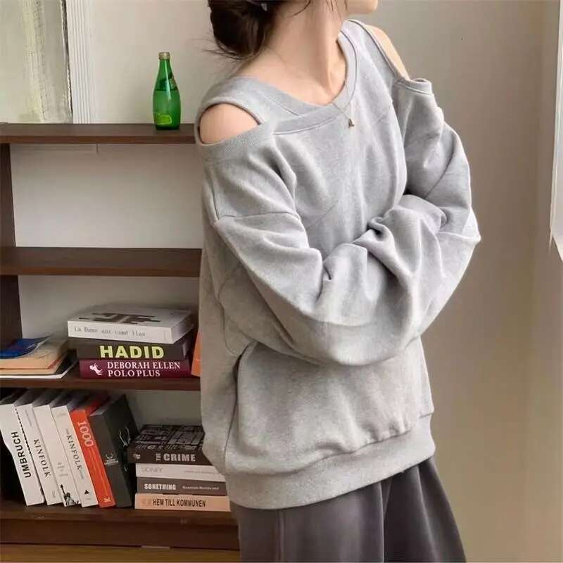 Grey Women Clothing Cotton Off Shoulder Top for 2025 Woman T-shirt Loose Spring and Autumn Tshirt Sale Simple Cheap Stylish Tee