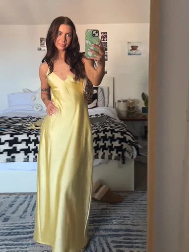 Sexy Yellow Ribbon Silk Satin Sling Dress Women Elegant Sling Collar Backless Long Dresses 2025 Women Beach Vacation Robes 250616